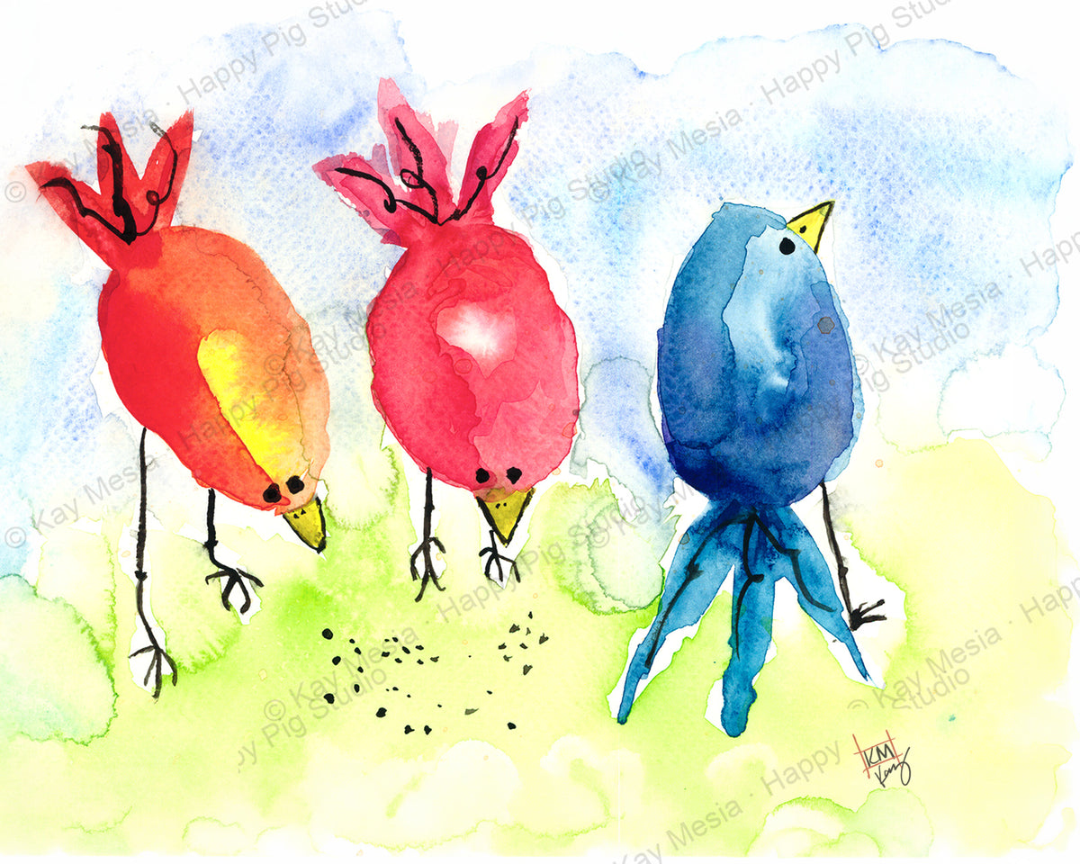 Protected Birds Searching watercolor artwork by Kay Mesia; copyright watermark applied for online image protection.