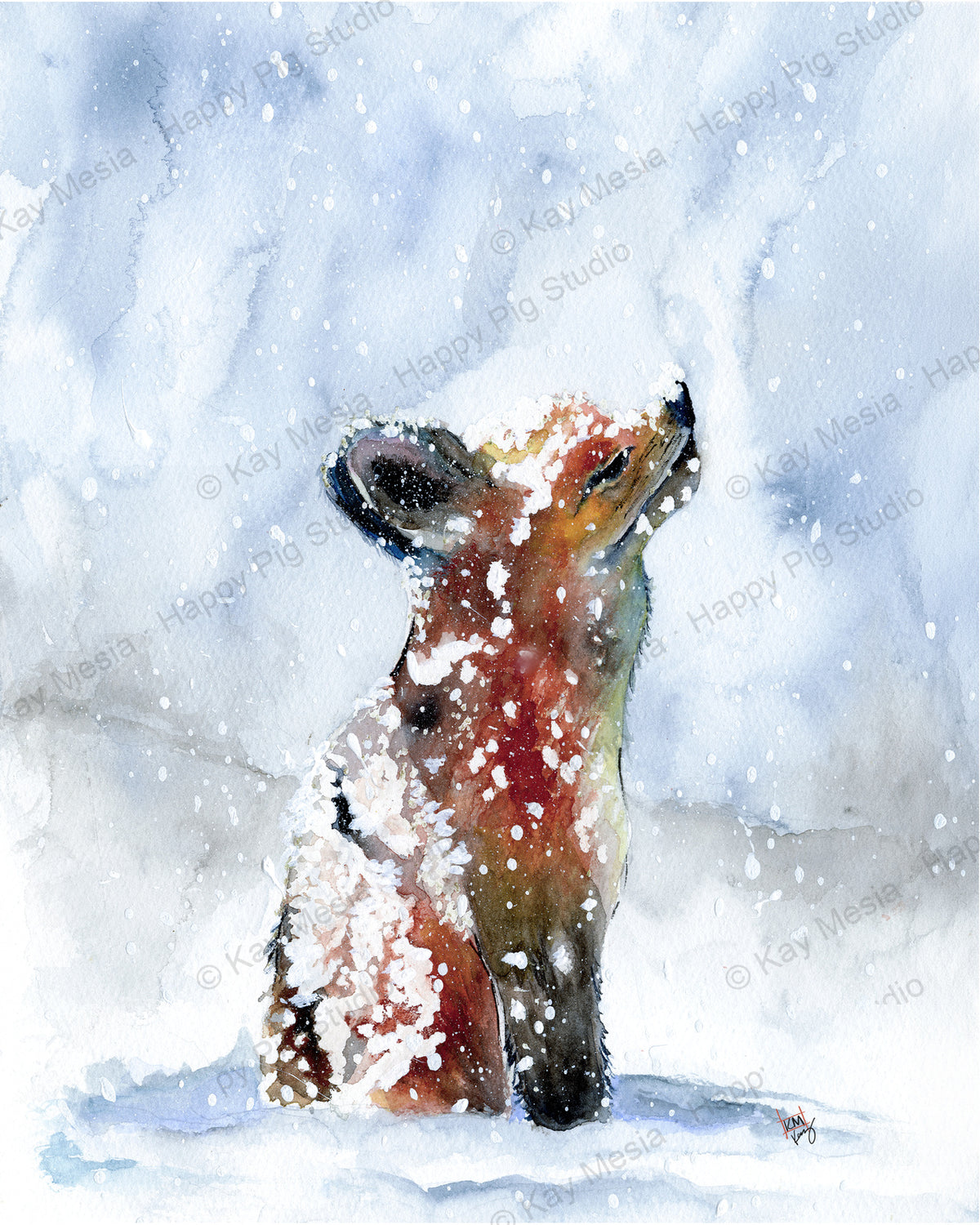 Protected Fox in Snow watercolor artwork by Kay Mesia; copyright watermark applied for online image protection.