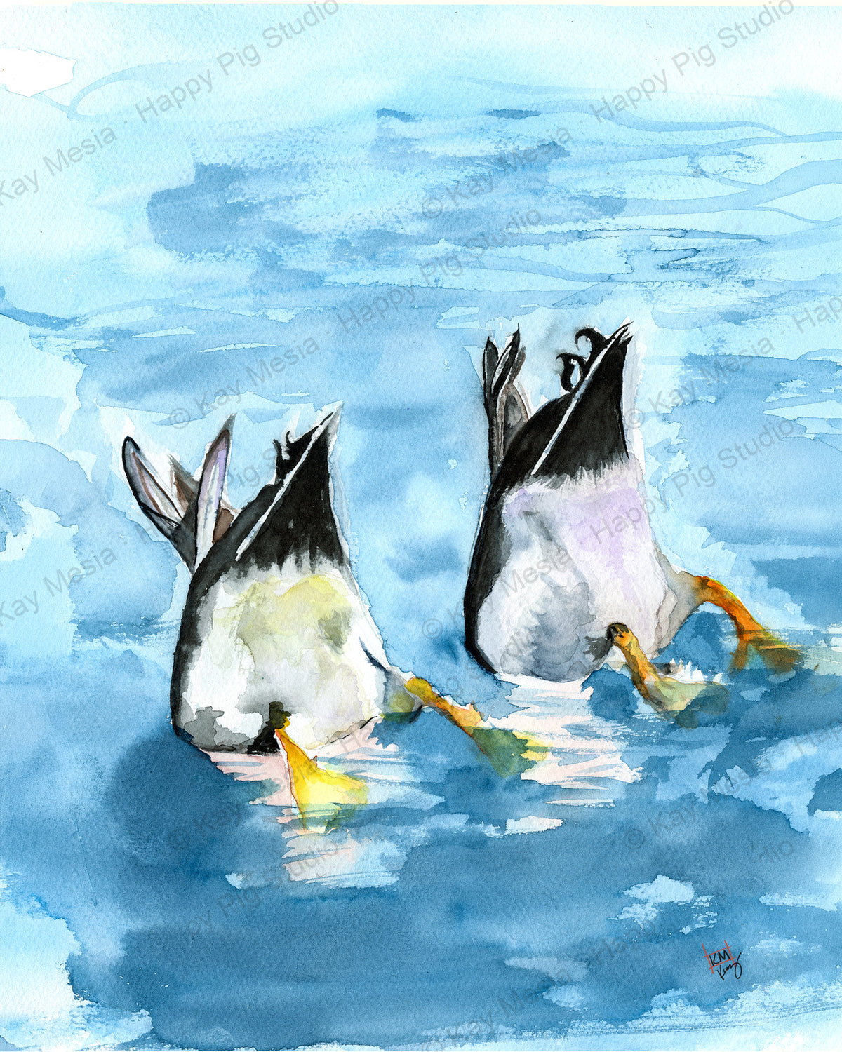 Protected Duck Butts watercolor artwork by Kay Mesia; copyright watermark applied for online image protection.