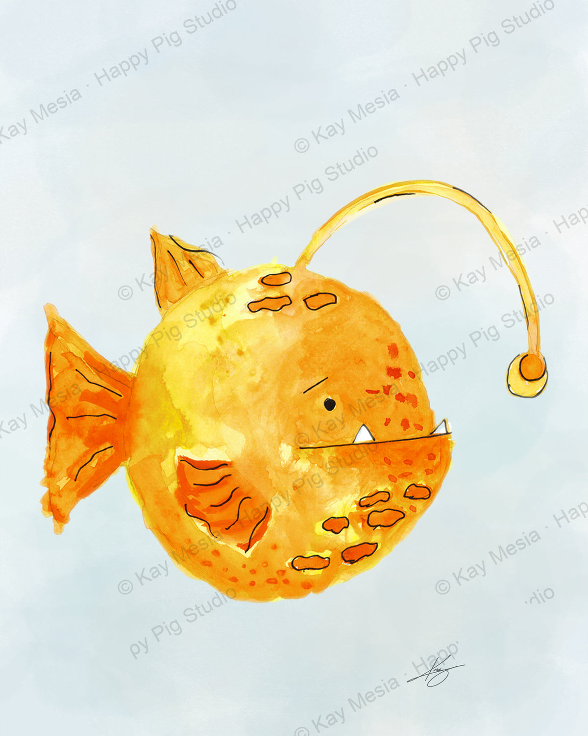 Protected Leo the Lantern Fish watercolor artwork by Kay Mesia; copyright watermark applied for online image protection.
