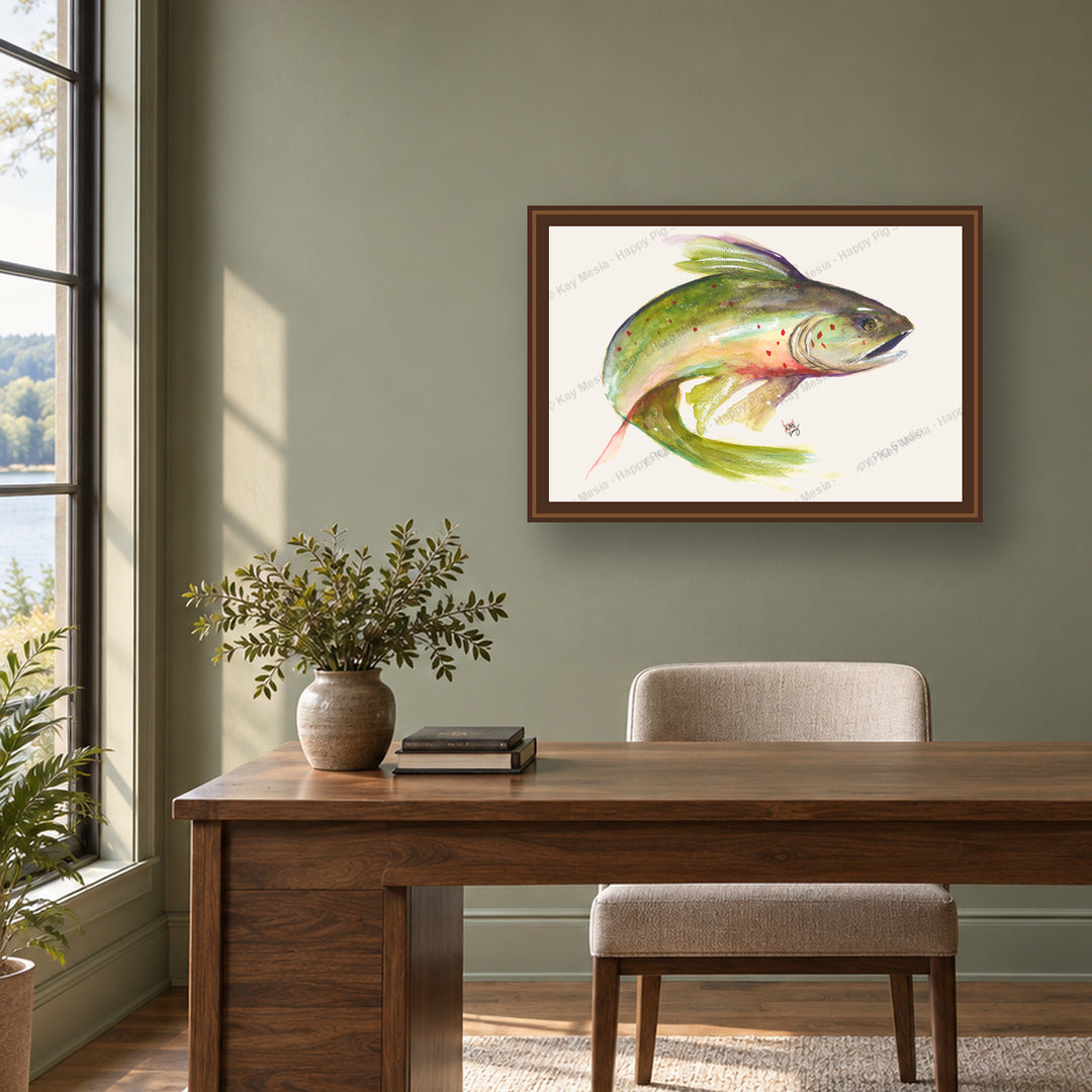 Trout Study #2 fine-art print shown in a styled room for display inspiration. Print is sold unframed.