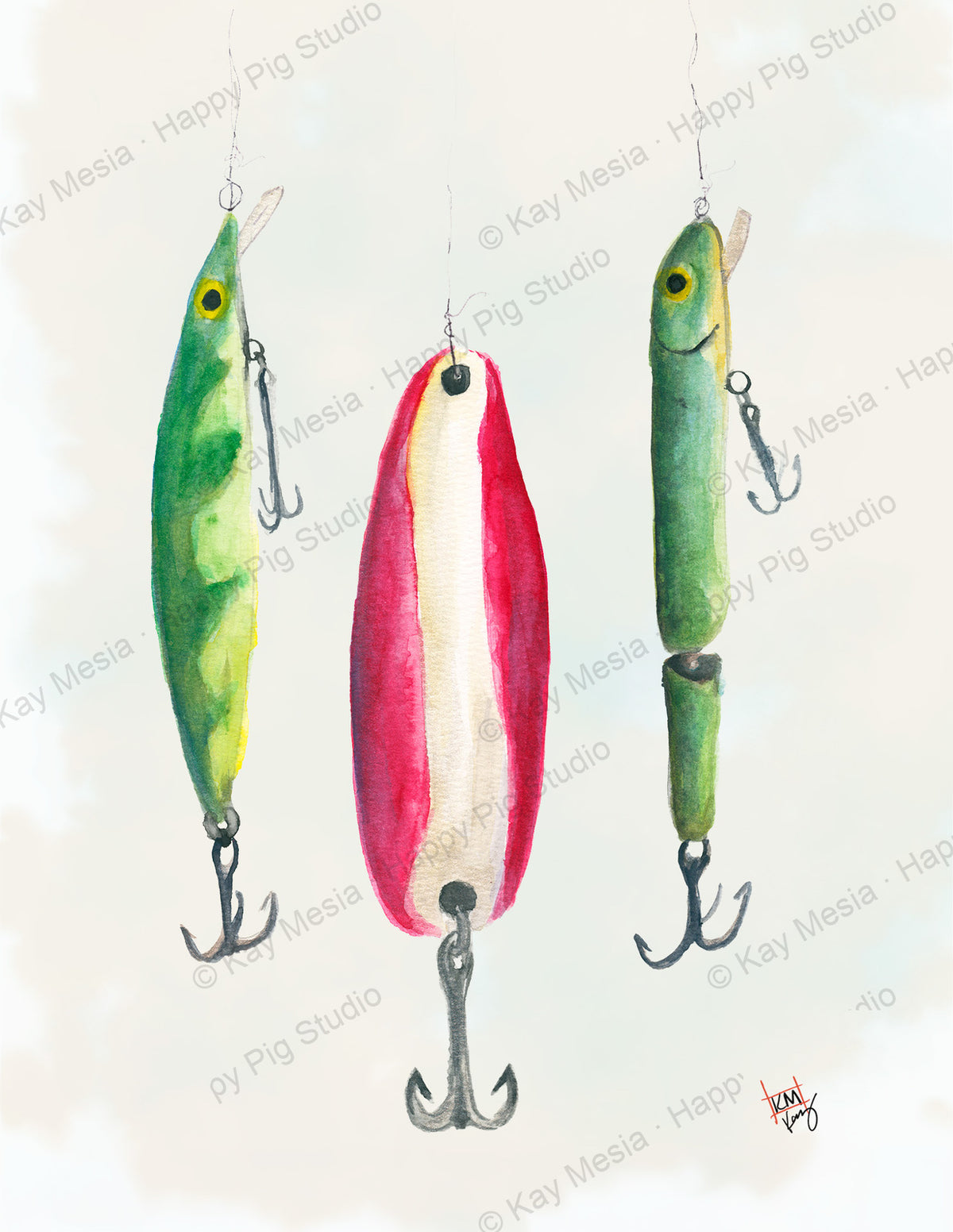 Protected 3 Fishing Lures watercolor artwork by Kay Mesia; copyright watermark applied for online image protection.