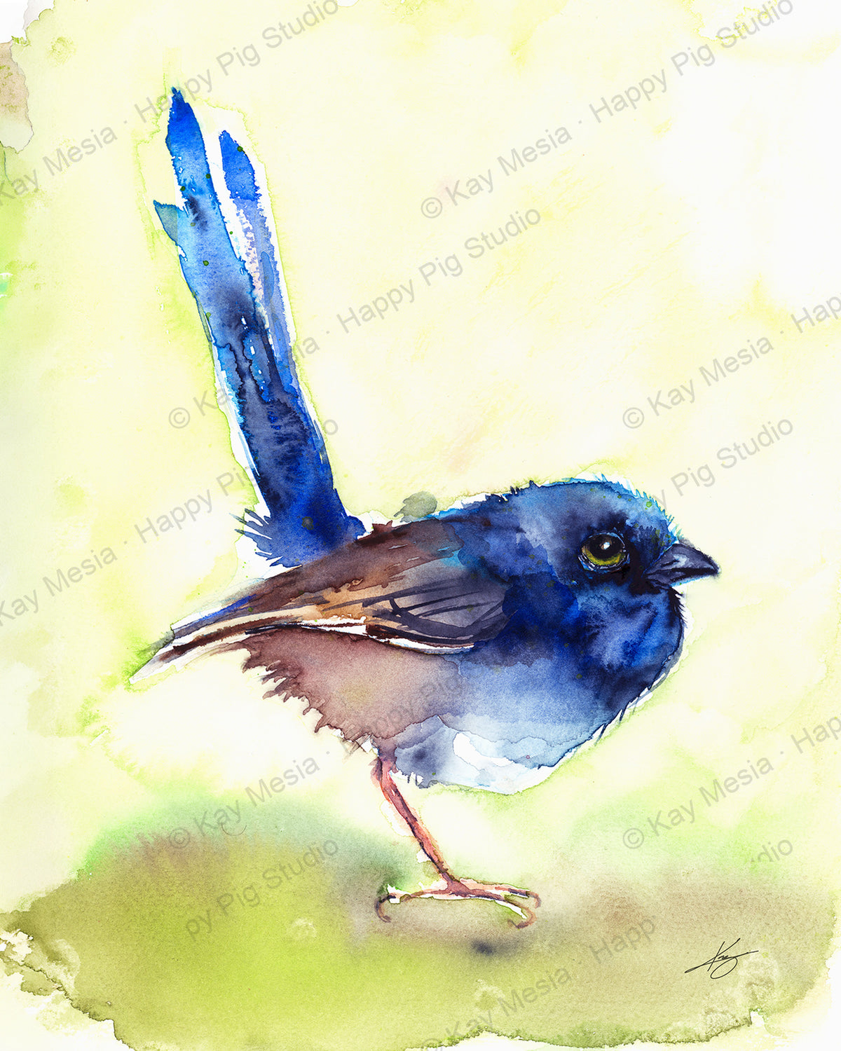 Protected Posing Bird watercolor artwork by Kay Mesia; copyright watermark applied for online image protection.