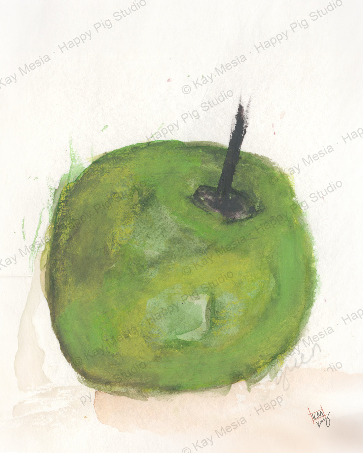 Protected Green Apple watercolor artwork by Kay Mesia; copyright watermark applied for online image protection.