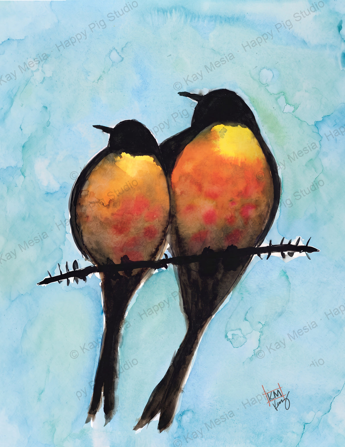 Protected Two Birds on a Branch watercolor artwork by Kay Mesia; copyright watermark applied for online image protection.