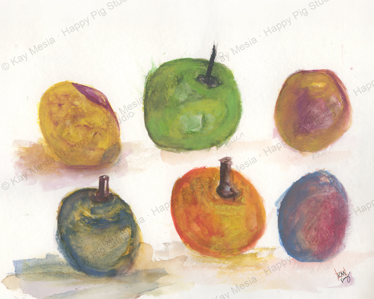 Protected Apple Study watercolor artwork by Kay Mesia; copyright watermark applied for online image protection.