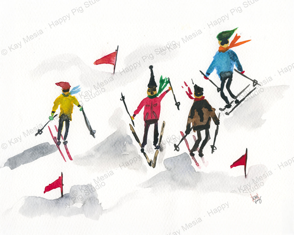 Protected Skiing watercolor artwork by Kay Mesia; copyright watermark applied for online image protection.