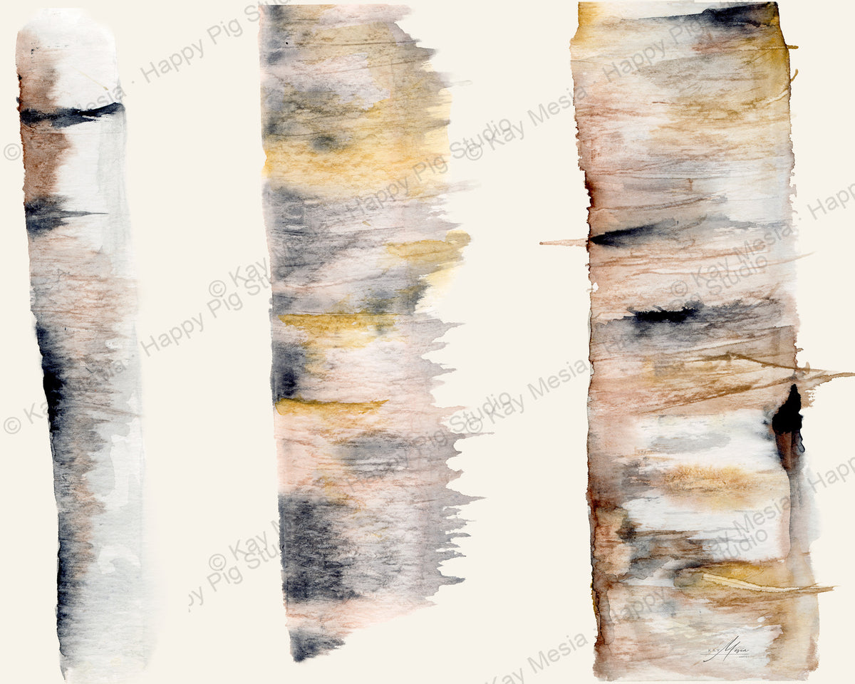 Protected Three Birches watercolor artwork by Kay Mesia; copyright watermark applied for online image protection.