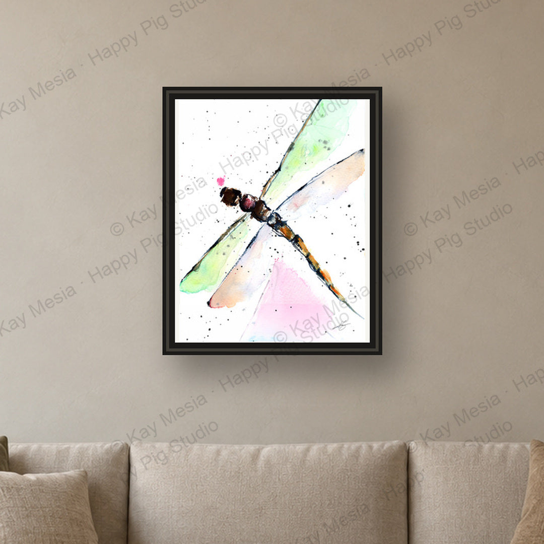 Little Dragonfly fine-art print by Kay Mesia - framed room preview; print sold unframed