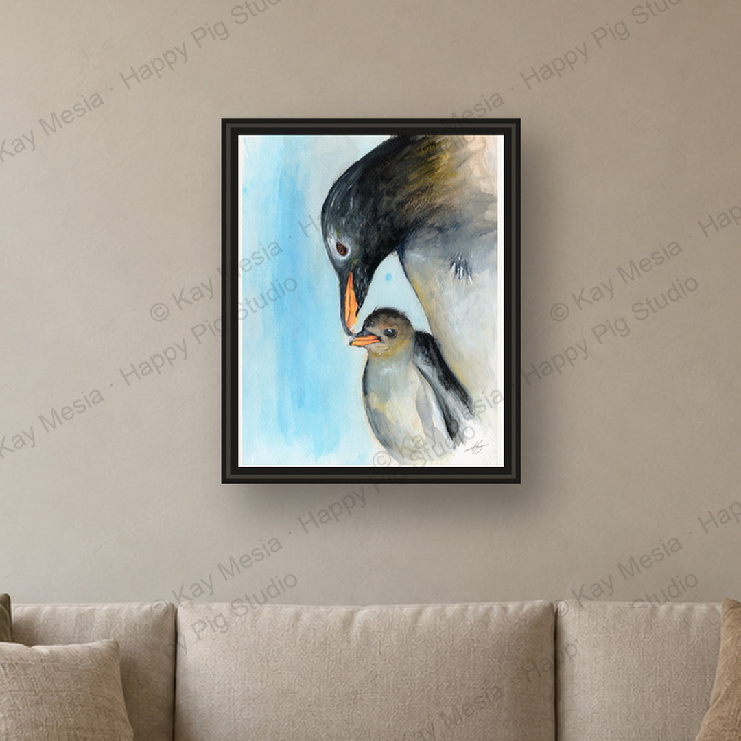 Penguin Mom fine-art print by Kay Mesia - framed room preview; print sold unframed