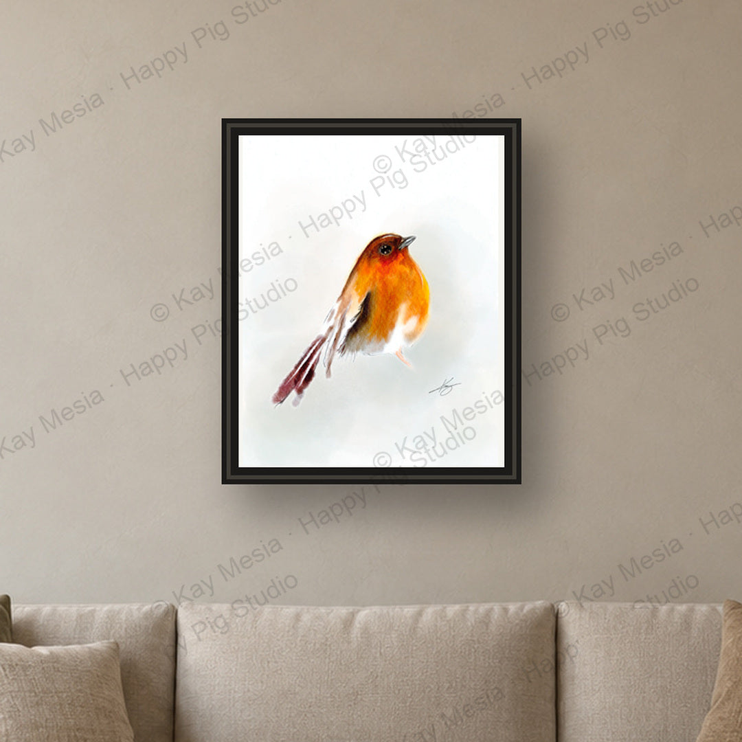 Robin fine-art print by Kay Mesia - framed room preview; print sold unframed