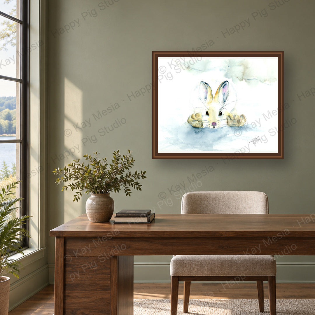 Bunny in the Snow fine-art print by Kay Mesia - framed room preview; print sold unframed
