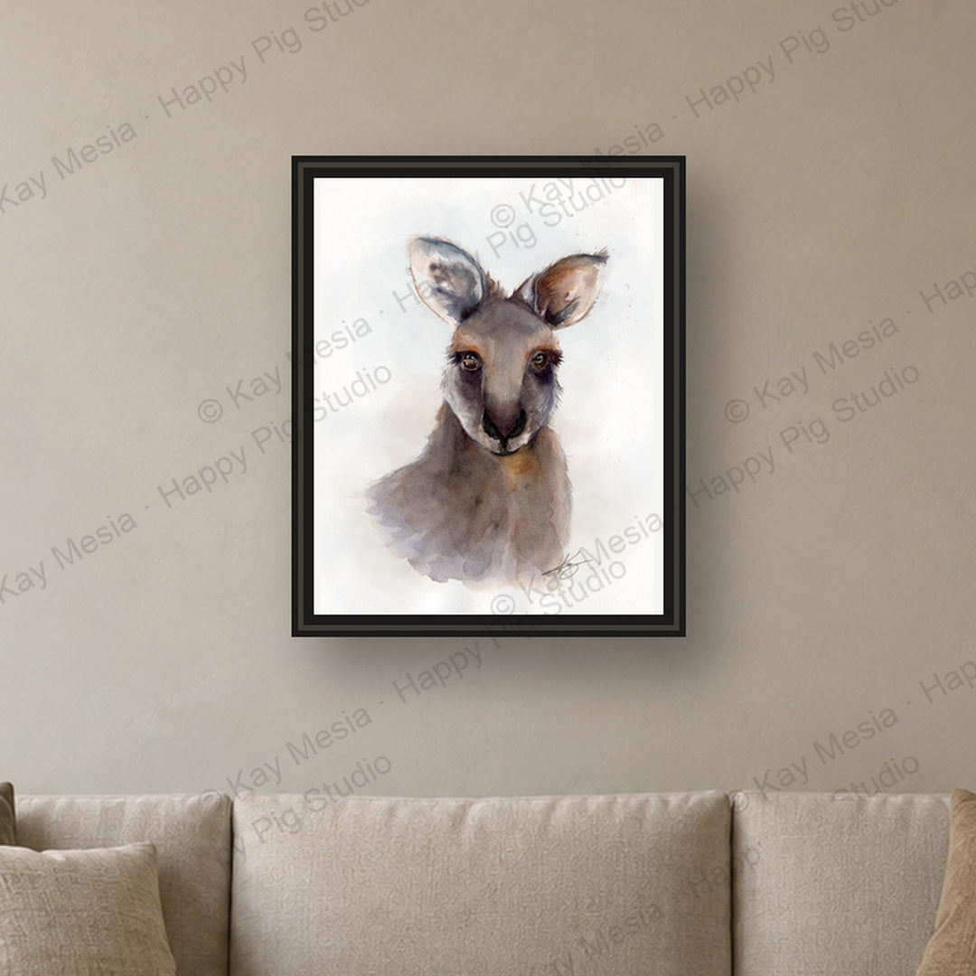 Kangaroo fine-art print by Kay Mesia - framed room preview; print sold unframed