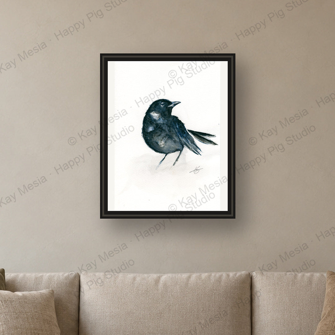 Blackbird fine-art print by Kay Mesia - framed room preview; print sold unframed