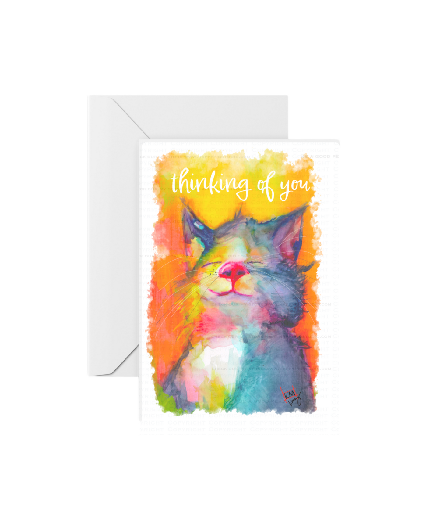 Greeting card featuring a colorful watercolor painting of a cat's face with the text 'thinking of you' across the top. The card is landscape oriented and includes a white envelope.