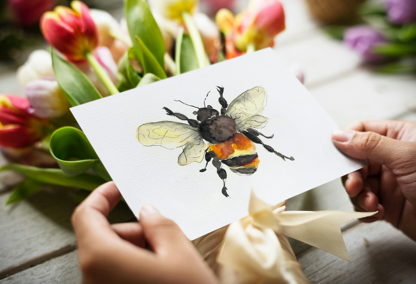 Bumble-bee Original watercolor design on a Greeting Card