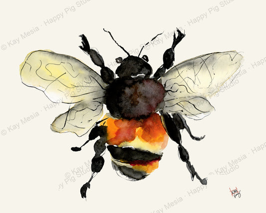 Protected Bumble-bee watercolor artwork by Kay Mesia; copyright watermark applied for online image protection.
