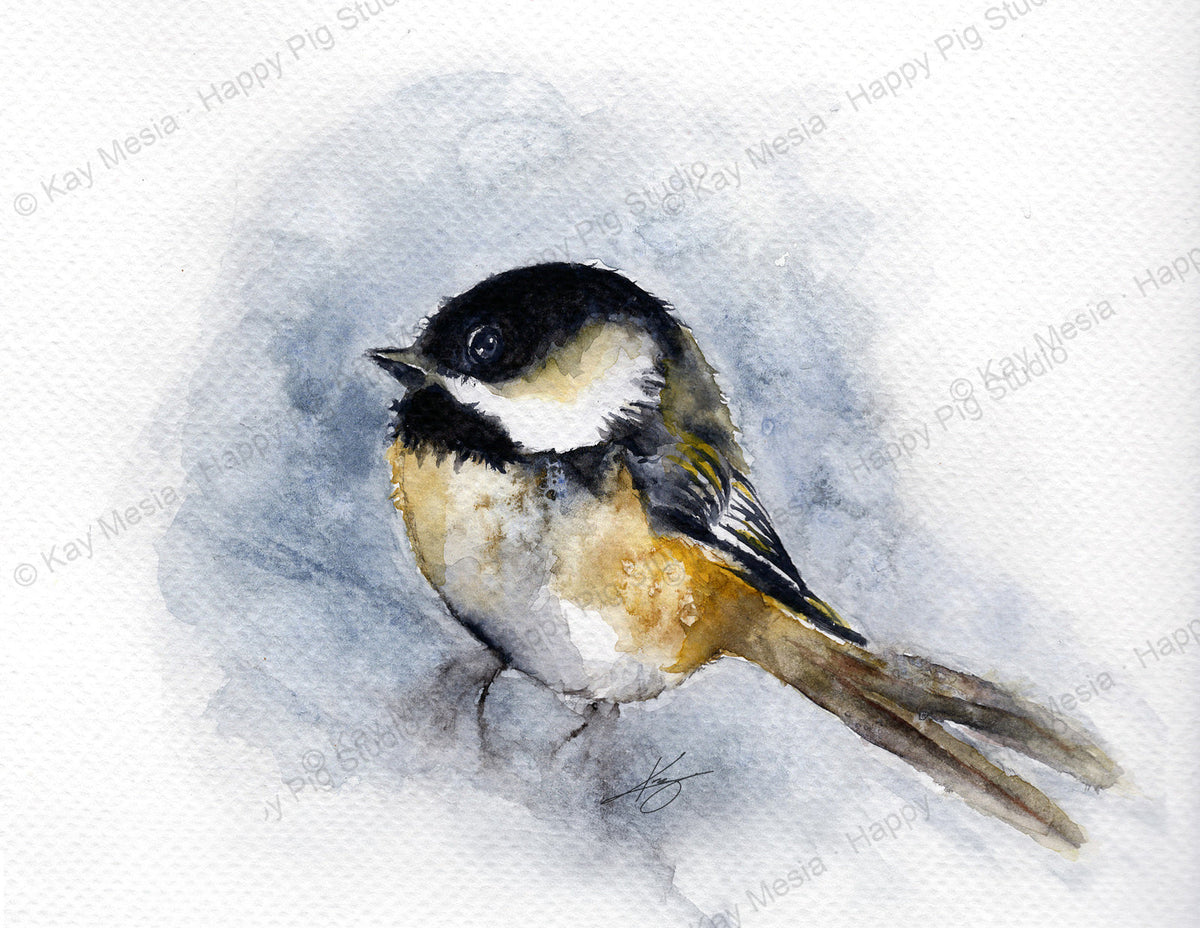 Chickadee artwork by Kay Mesia for a Happy Pig Studio tea towel