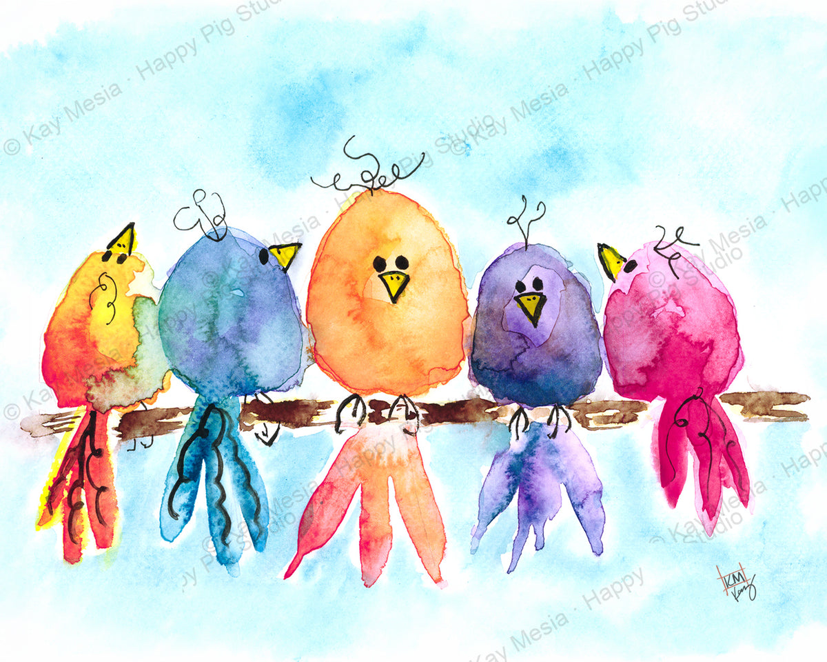 Protected Birds on a Branch watercolor artwork by Kay Mesia; copyright watermark applied for online image protection.