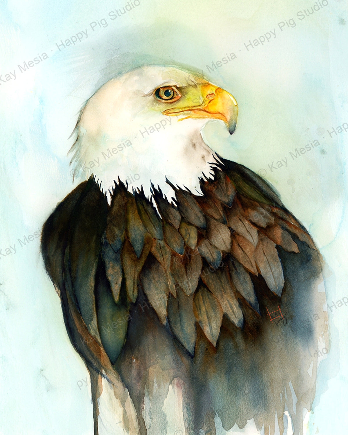 Protected Eagle watercolor artwork by Kay Mesia; copyright watermark applied for online image protection.