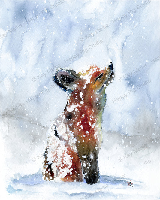 Protected Fox in Snow watercolor artwork by Kay Mesia; copyright watermark applied for online image protection.