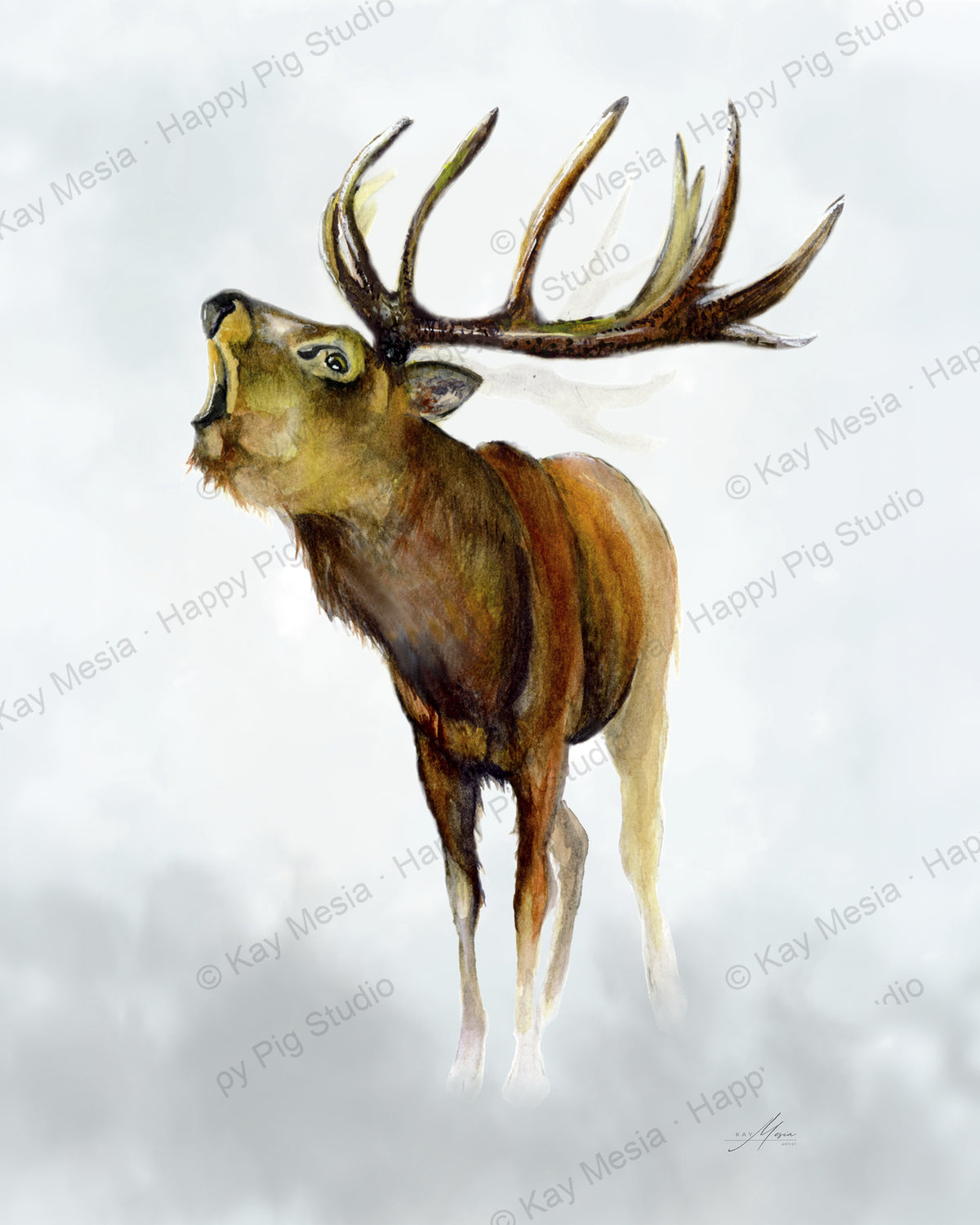 Protected Elk in the Morning watercolor artwork by Kay Mesia; copyright watermark applied for online image protection.