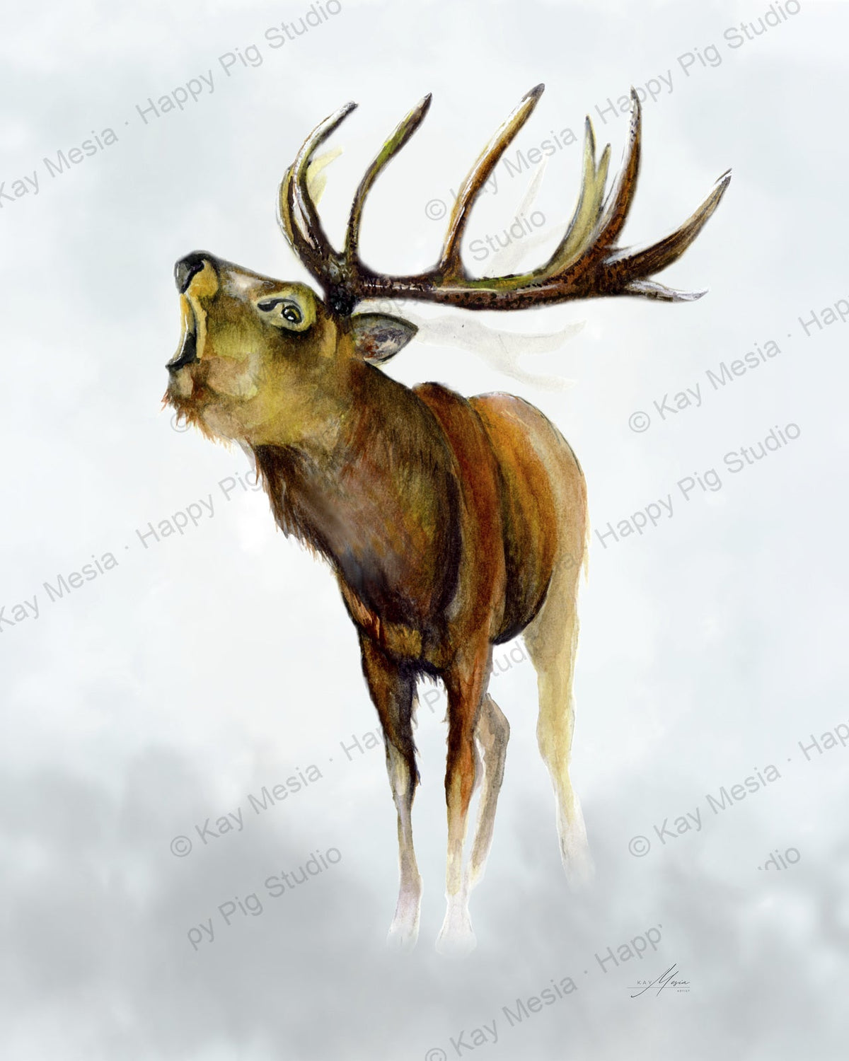 Elk in the Morning artwork by Kay Mesia on the Happy Pig Studio sticker listing.