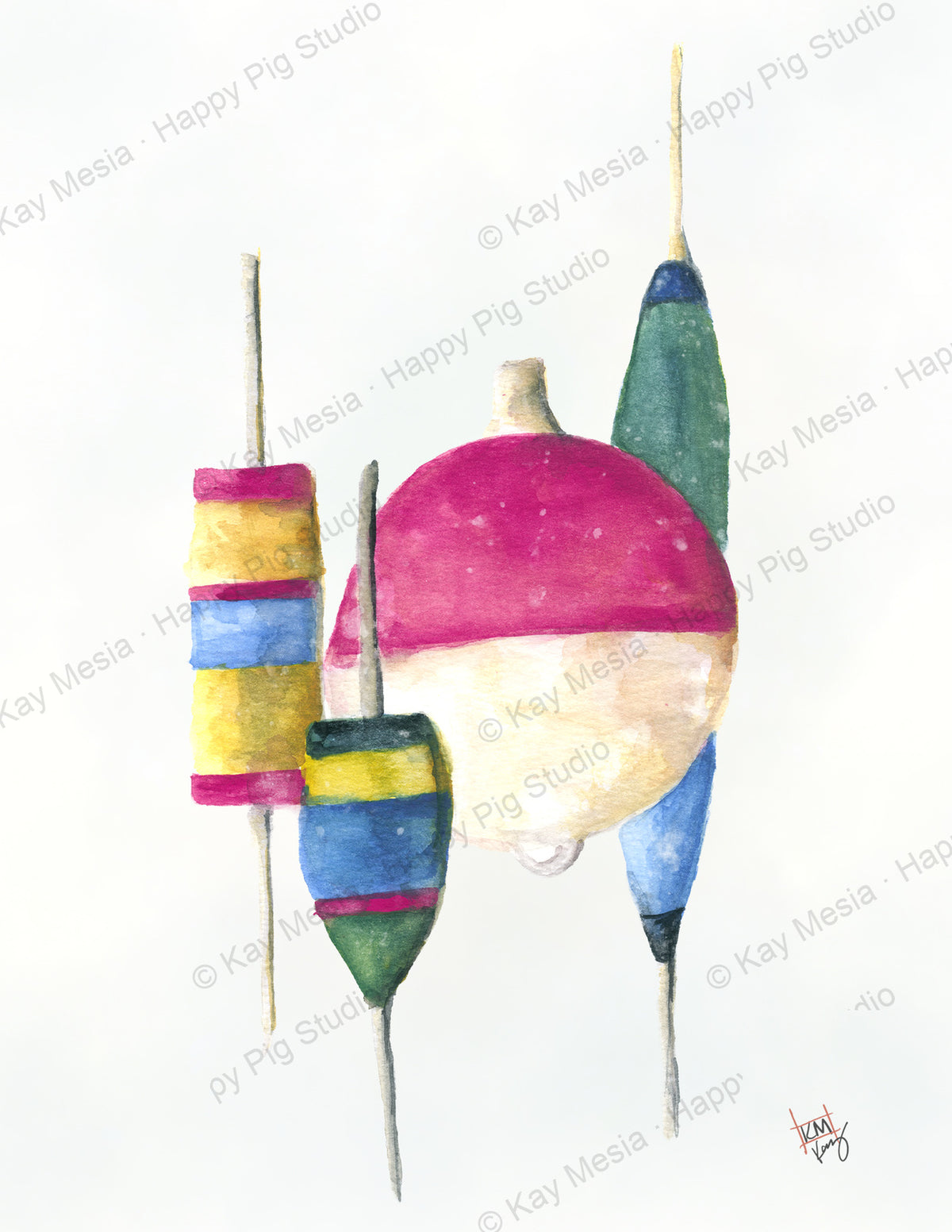 Protected 4 Bobbers watercolor artwork by Kay Mesia; copyright watermark applied for online image protection.