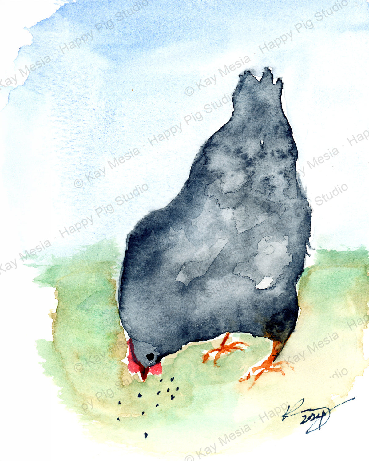 Protected Happy Black Hen watercolor artwork by Kay Mesia; copyright watermark applied for online image protection.