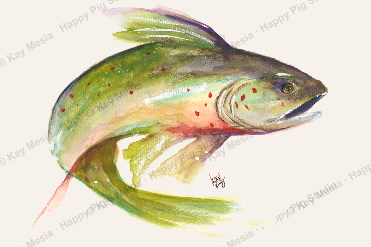 Trout Study #2, an original watercolor by Kay Mesia, presented as a Happy Pig Studio fine-art print.