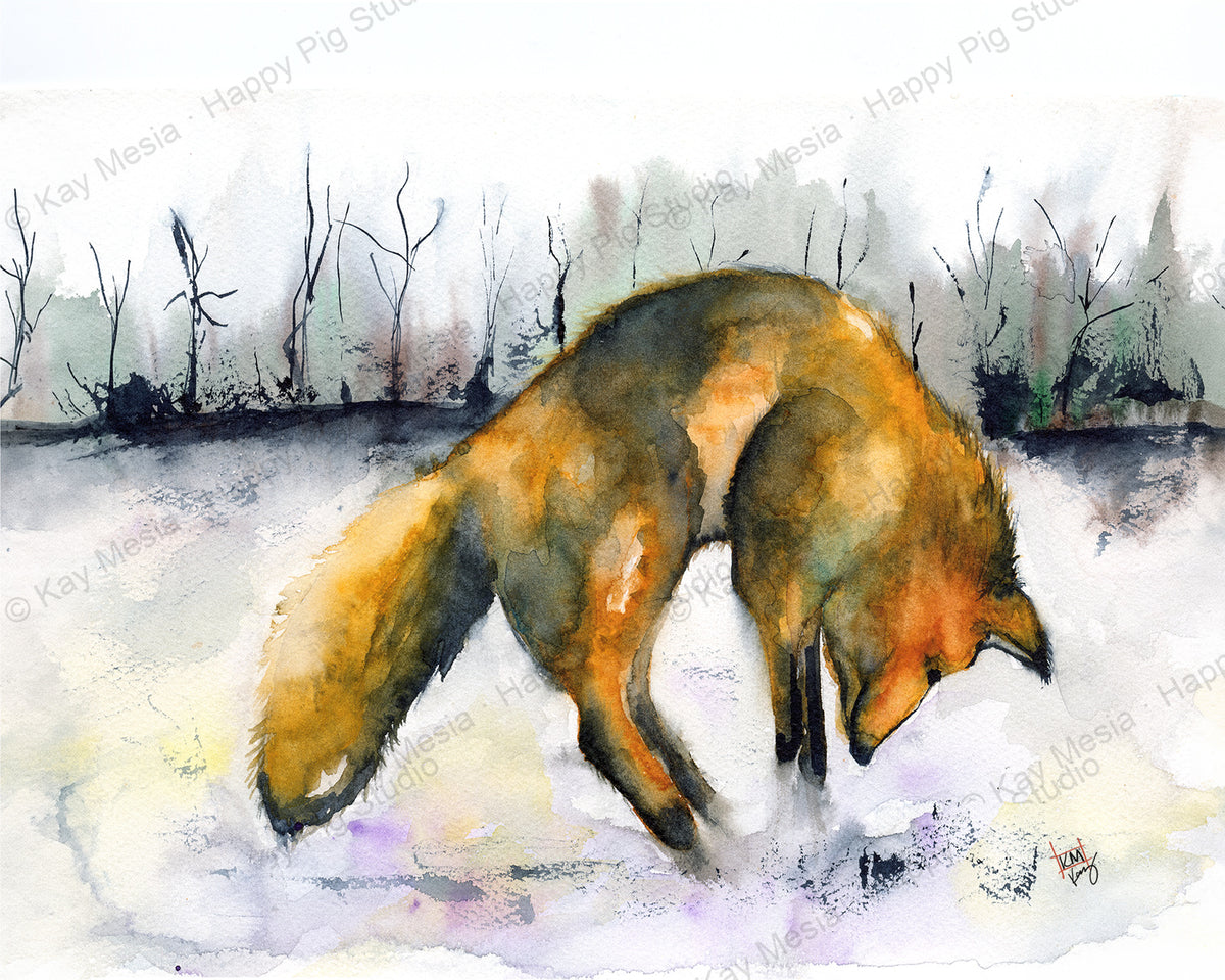 Protected Pouncing Fox watercolor artwork by Kay Mesia; copyright watermark applied for online image protection.
