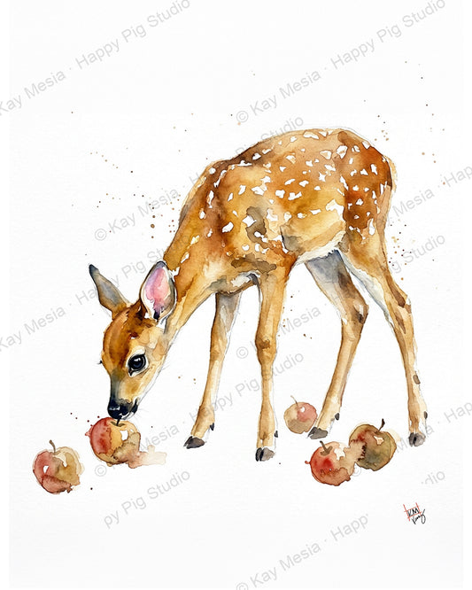 Protected Fawn with Apples watercolor artwork by Kay Mesia; copyright watermark applied for online image protection.