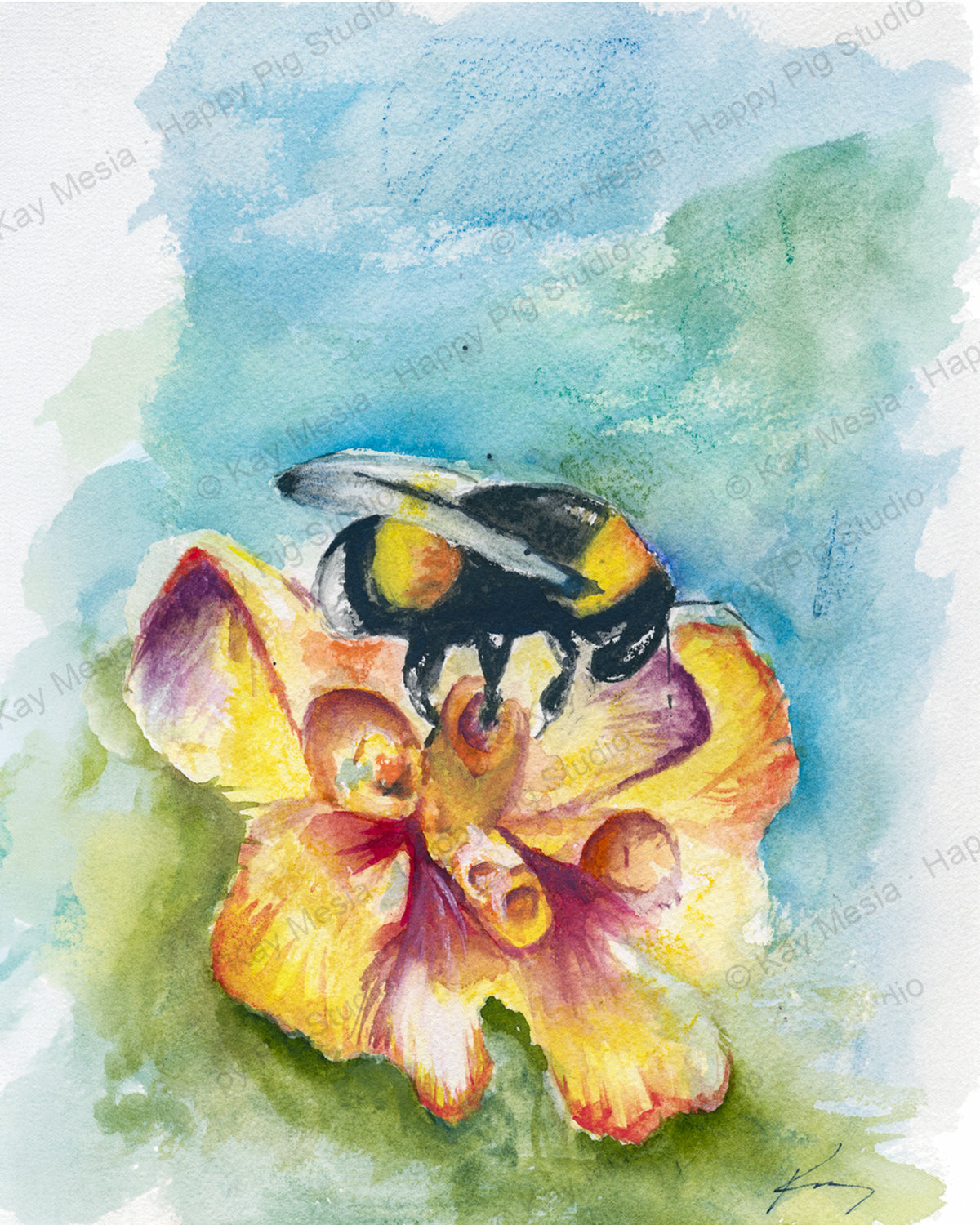 Protected Bee on Yellow Flower watercolor artwork by Kay Mesia; copyright watermark applied for online image protection.