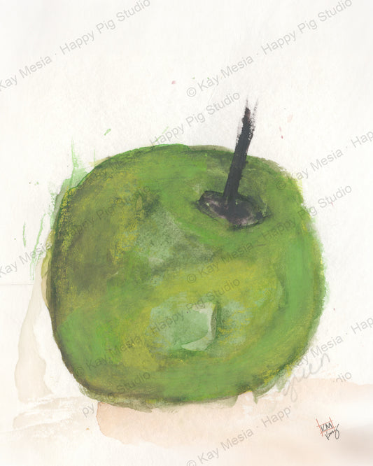 Protected Green Apple watercolor artwork by Kay Mesia; copyright watermark applied for online image protection.