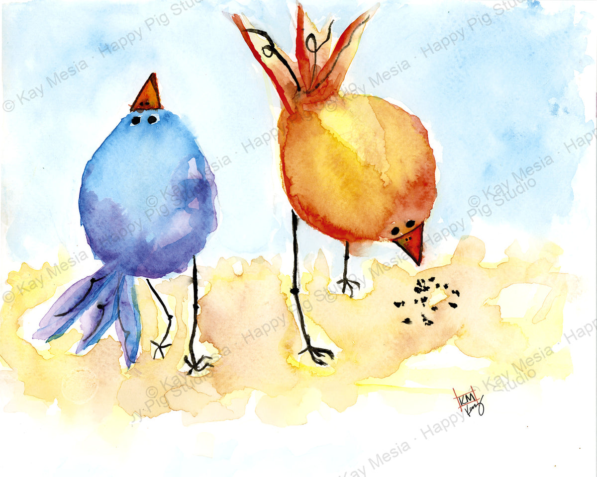 Protected Two Happy Birds watercolor artwork by Kay Mesia; copyright watermark applied for online image protection.