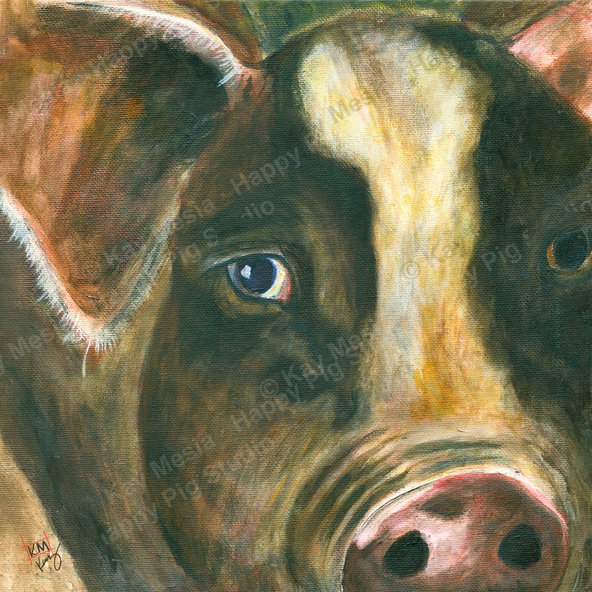 Master Pig, an original watercolor by Kay Mesia, presented as a Happy Pig Studio fine-art print.