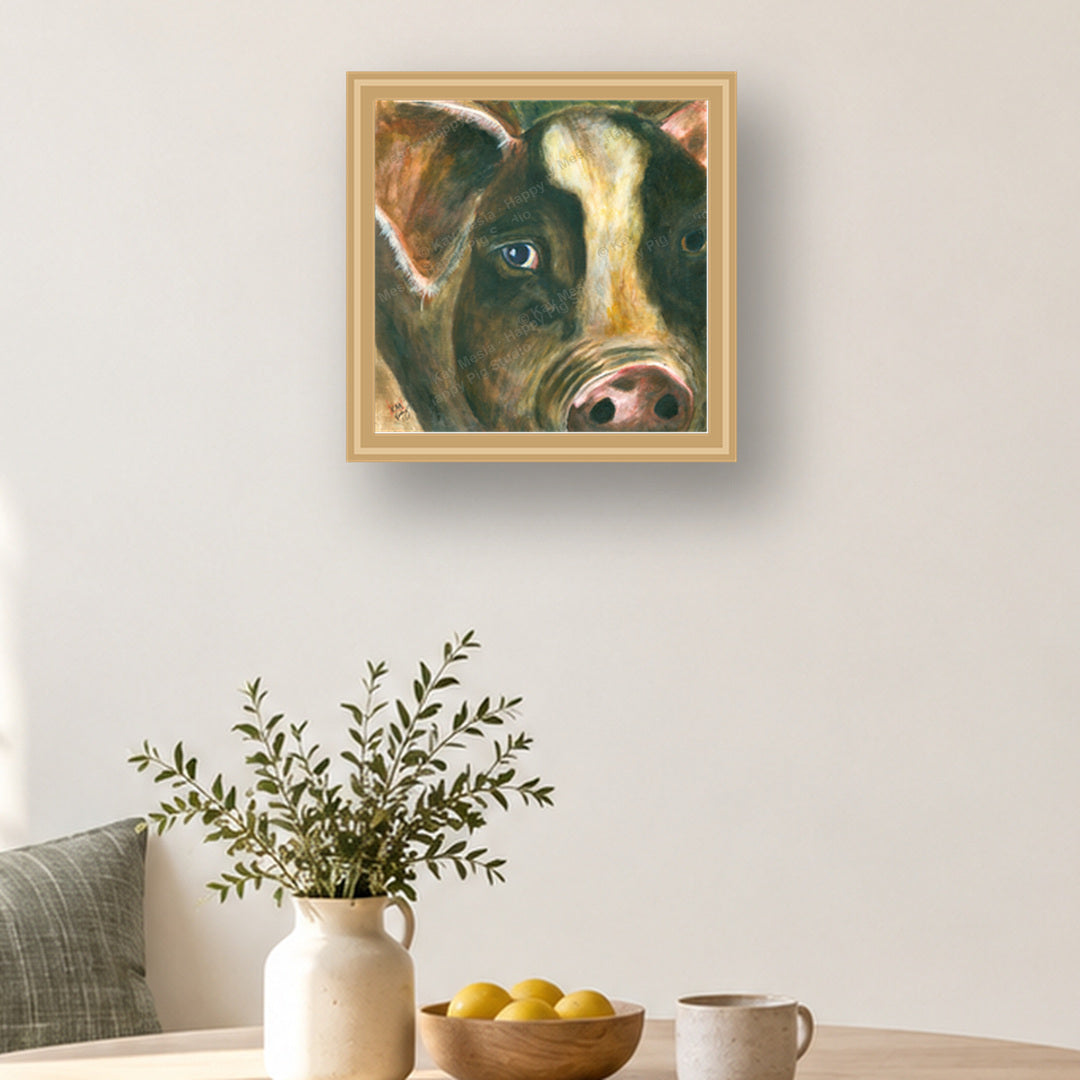 Master Pig fine-art print shown in a styled room for display inspiration. Print is sold unframed.