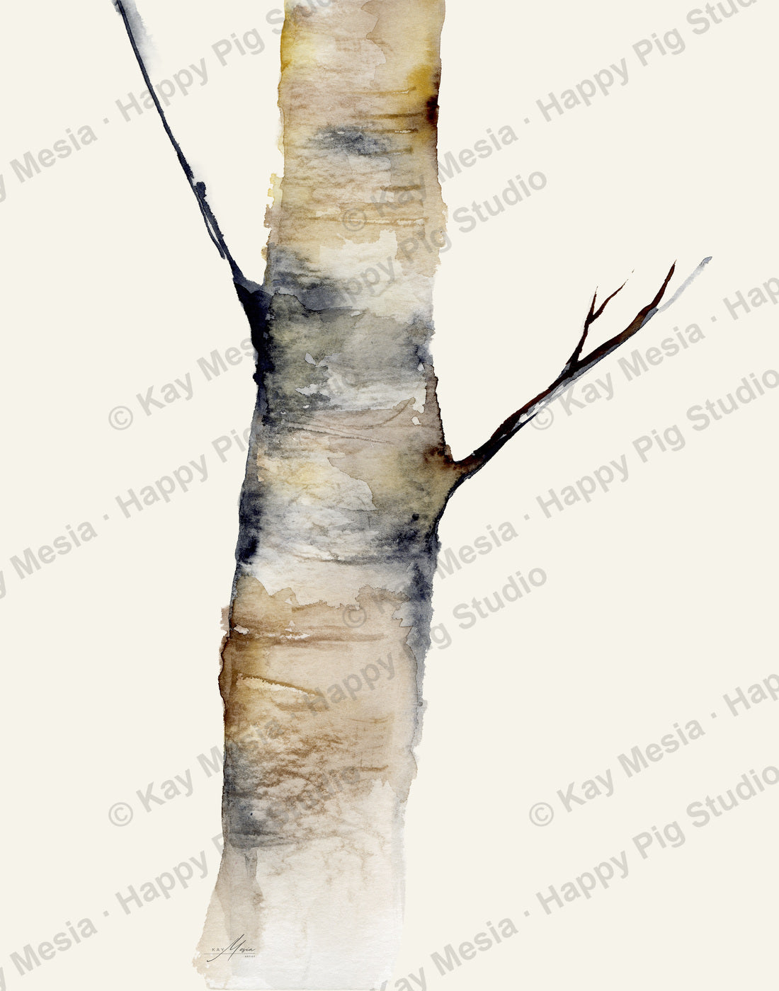 Single Birch, an original watercolor by Kay Mesia, presented as a Happy Pig Studio fine-art print.