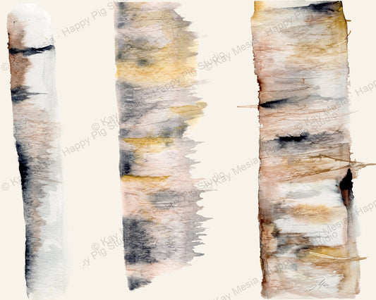 3 Birch Trees artwork by Kay Mesia, shown for the 16×24 and 36×24 landscape Signature Metal prints.