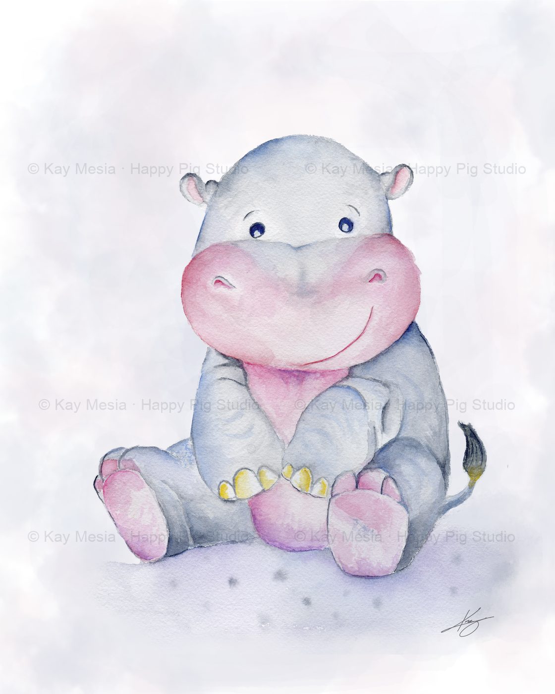 Protected full artwork presentation of Harriet the Hippo, an original watercolor by Kay Mesia. © Kay Mesia · Happy Pig Studio watermark applied at 12% opacity for online image protection.