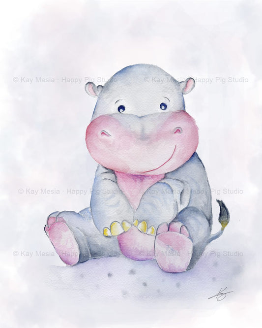 Protected full artwork presentation of Harriet the Hippo, an original watercolor by Kay Mesia. © Kay Mesia · Happy Pig Studio watermark applied at 12% opacity for online image protection.