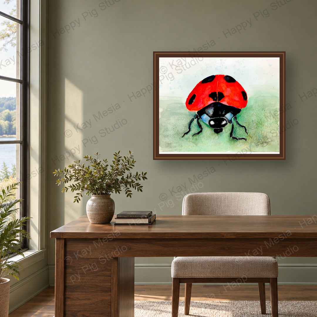 Ladybug fine-art print by Kay Mesia - framed room preview; print sold unframed