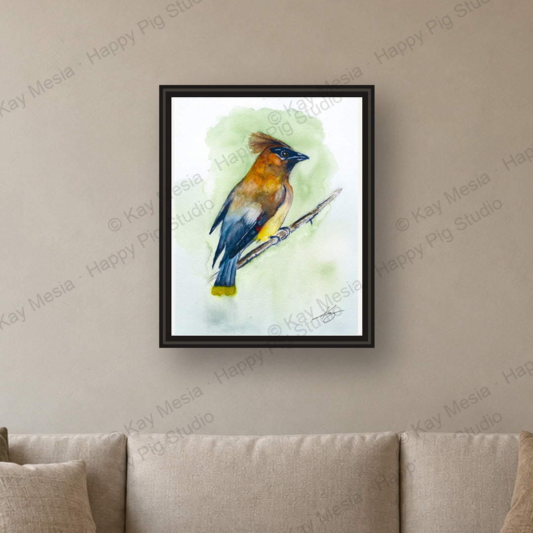 Golden Bird fine-art print by Kay Mesia - framed room preview; print sold unframed