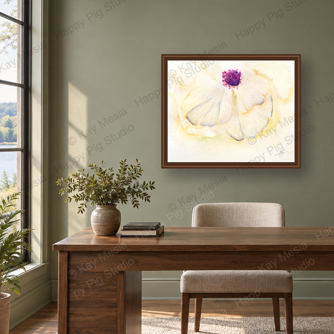 White Flower fine-art print by Kay Mesia - framed room preview; print sold unframed