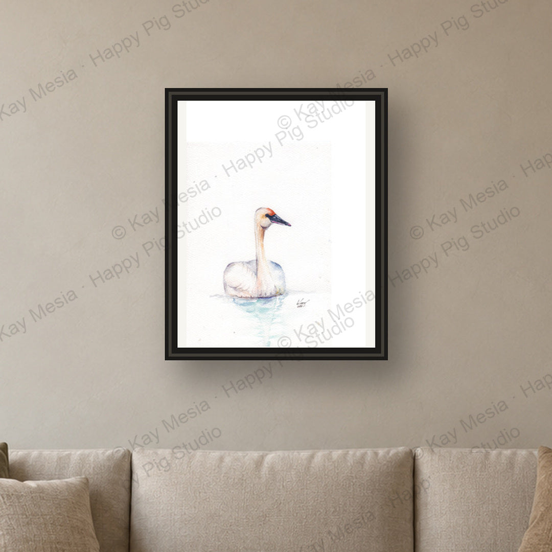 Sending Peace & Love, Swan fine-art print by Kay Mesia - framed room preview; print sold unframed