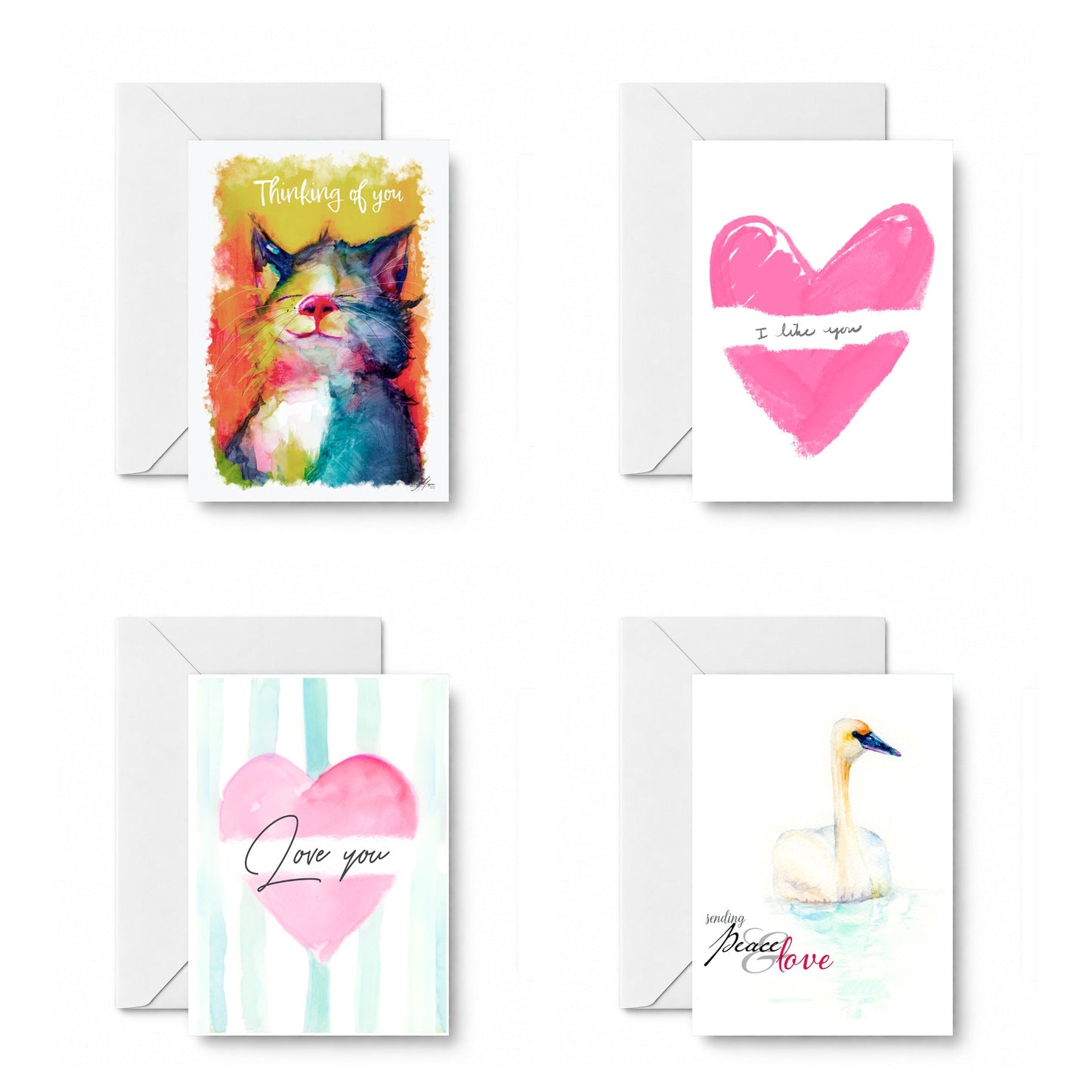 A Little Love curated 4-card set: Thinking of you - happy cat, I like you, Love you, Sending Peace & Love, Swan