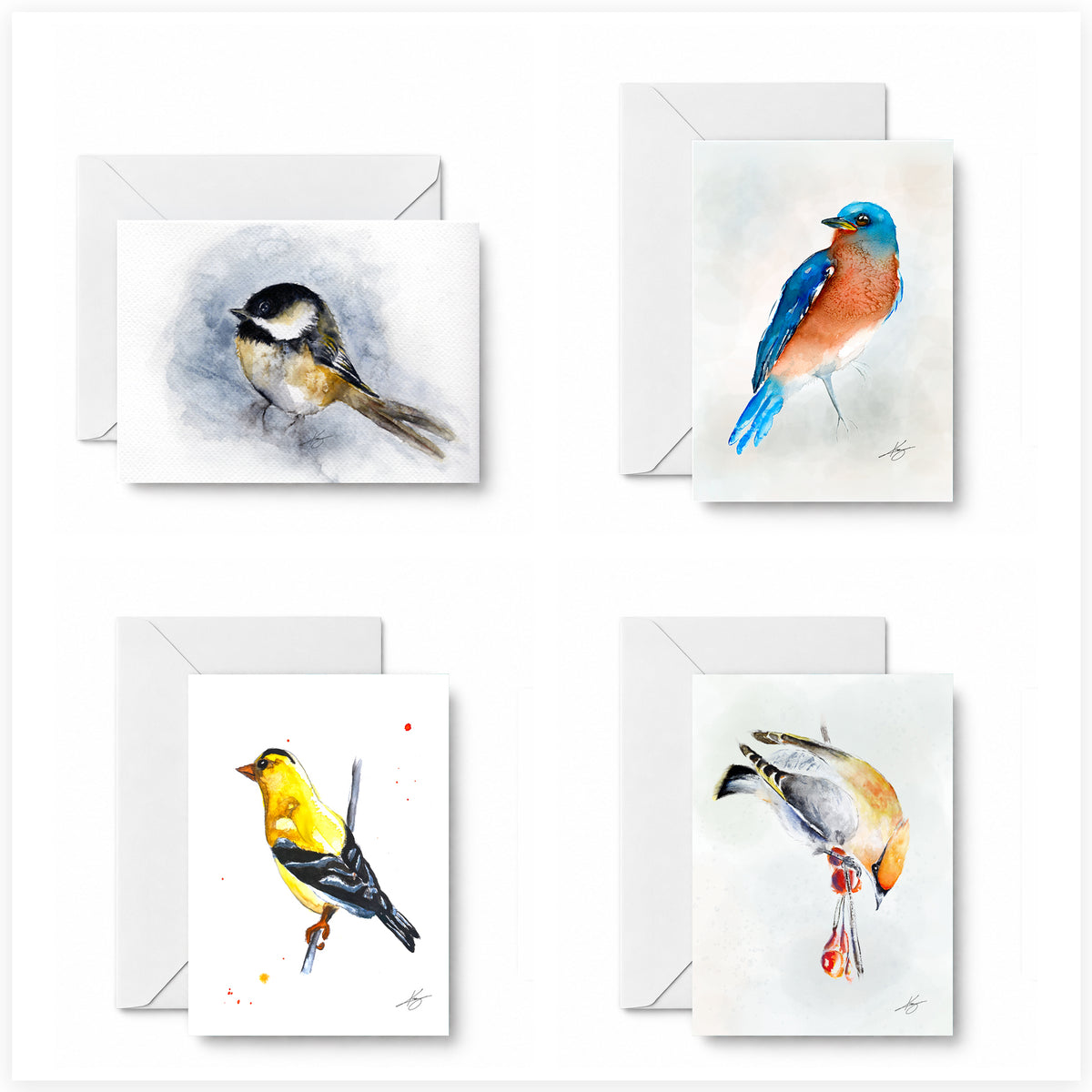 Backyard Birdwatch curated 4-card set featuring Chickadee, BlueBird, Goldfinch, and Waxwing