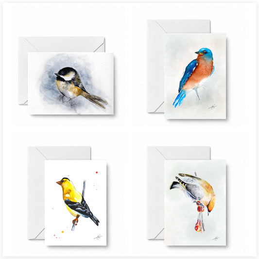 Backyard Birdwatch curated 4-card set featuring Chickadee, BlueBird, Goldfinch, and Waxwing