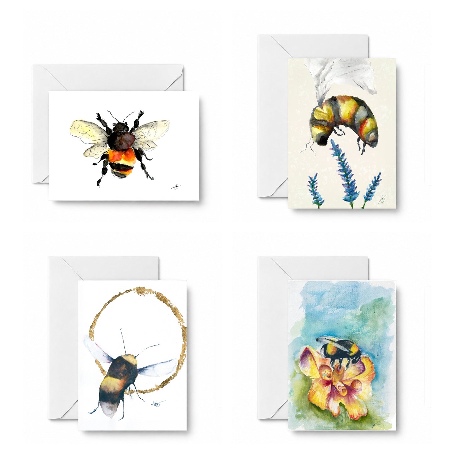 Bees curated 4-card set: Bumble-bee, Bee with Flower, Bee in Circle, and Bee on yellow flower