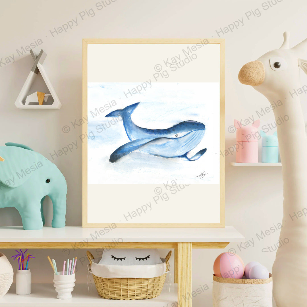 Whale fine-art print by Kay Mesia - framed room preview; print sold unframed